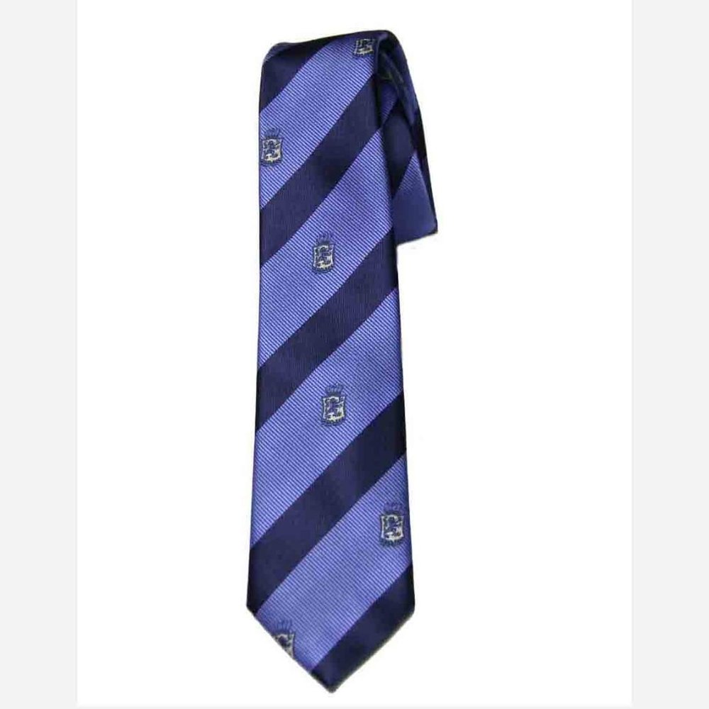 Imani Repp Stripe and Heraldic Clubs Silk Tie Blue White Men's Long